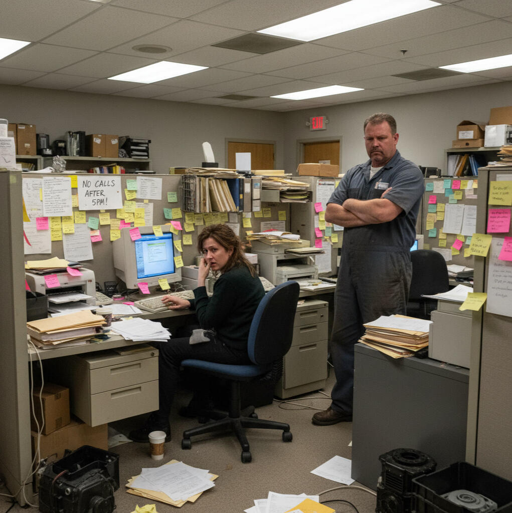 Are you the Chief Everything Officer? Messy and disorganized home service business office in chaos and overwhelm with employees using outdated systems and looking unhappy.